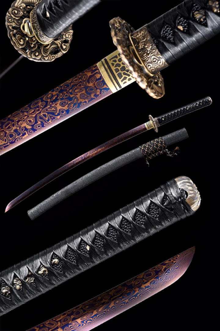 Color Treated Damascus Katana Leather Scabbard