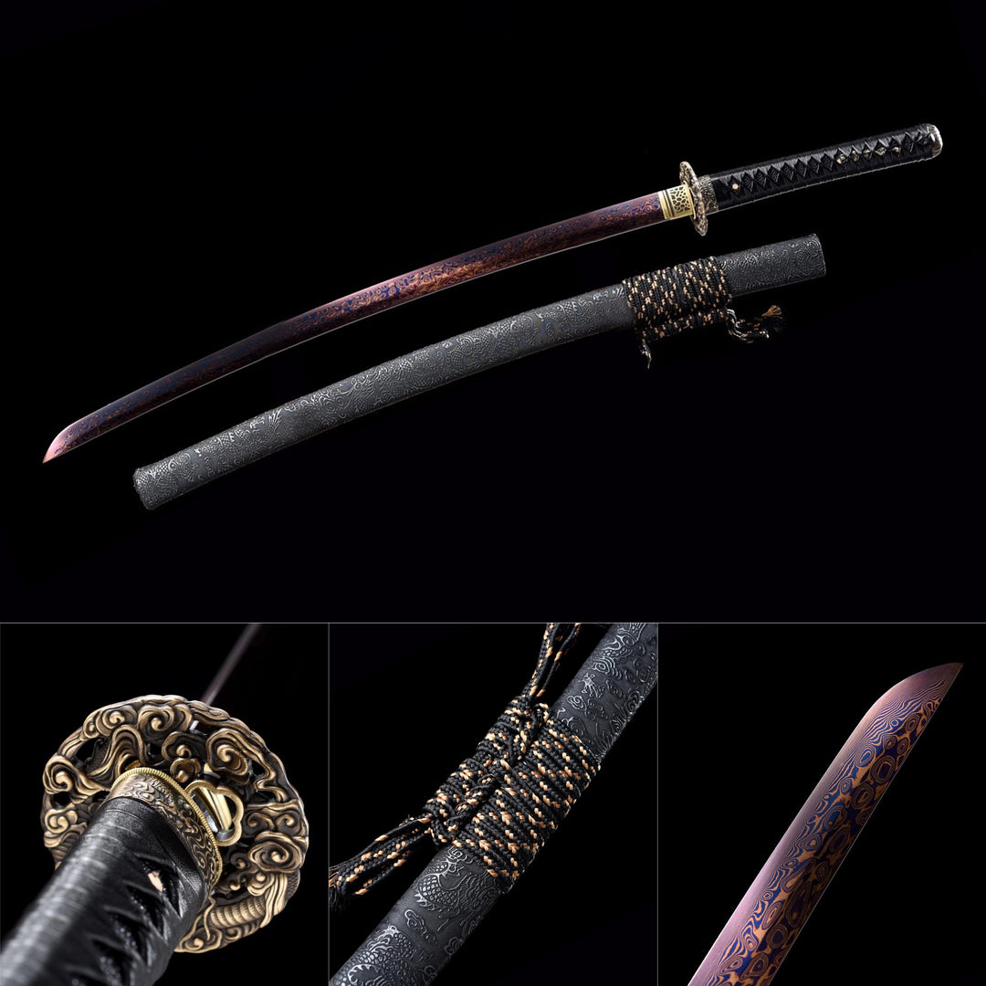 Color Treated Damascus Katana Leather Scabbard