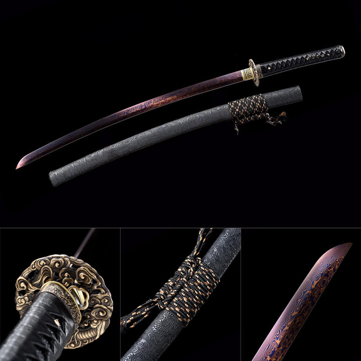 Color Treated Damascus Katana Leather Scabbard