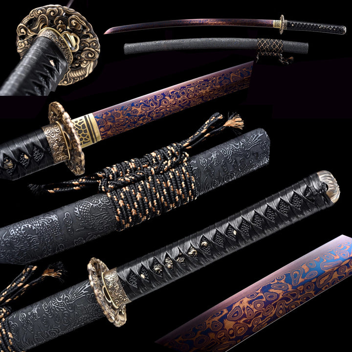 Color Treated Damascus Katana Leather Scabbard