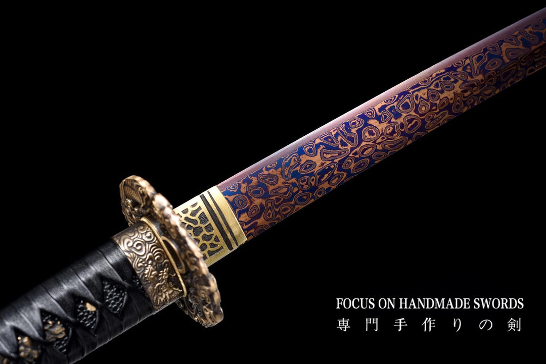 Color Treated Damascus Katana Leather Scabbard