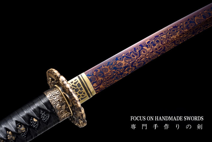 Color Treated Damascus Katana Leather Scabbard