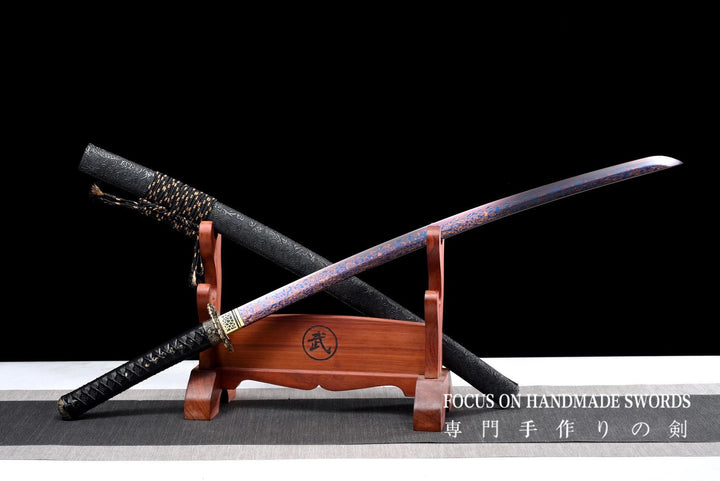 Color Treated Damascus Katana Leather Scabbard