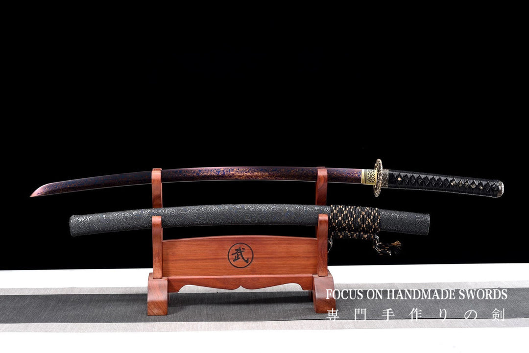 Color Treated Damascus Katana Leather Scabbard